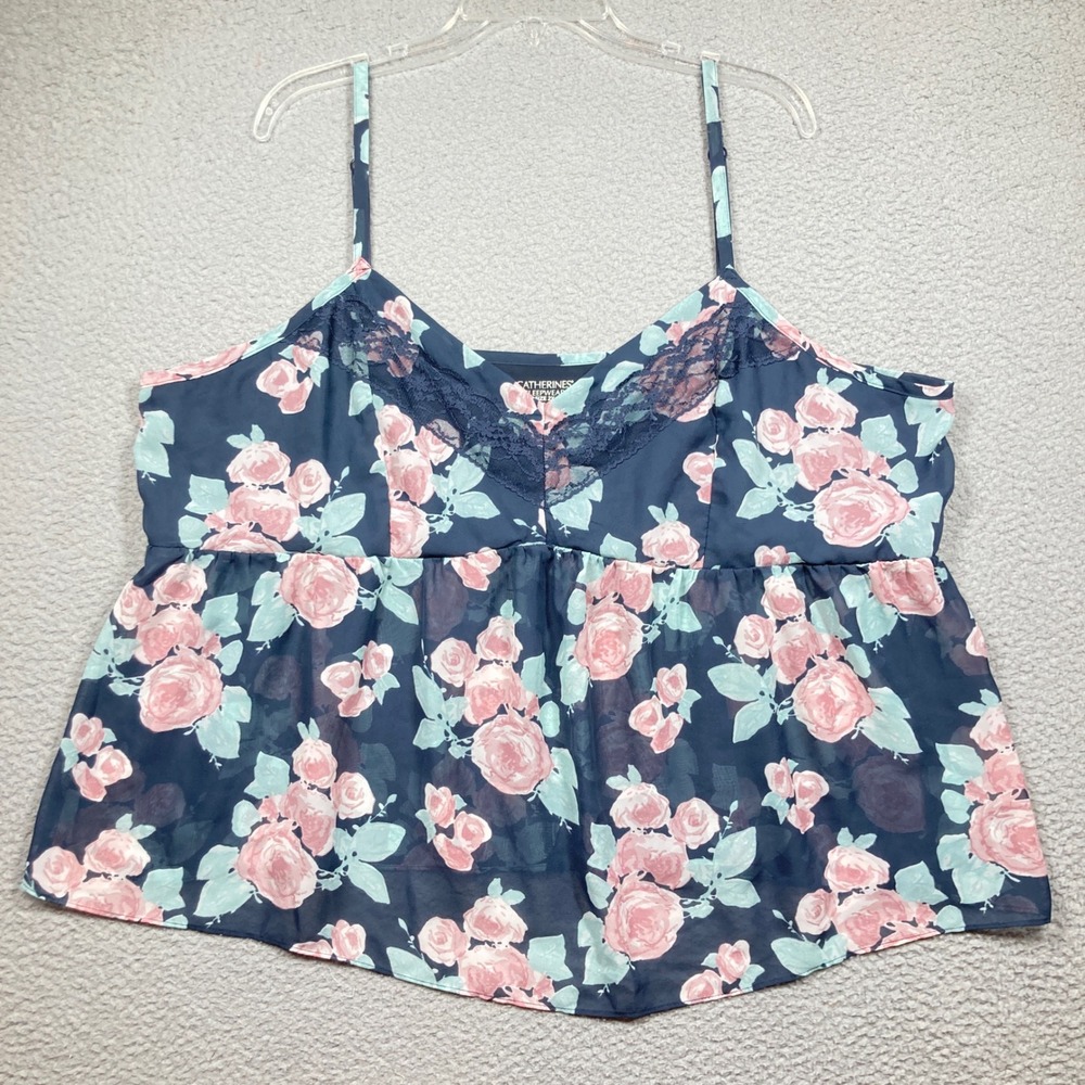 Catherines Sleepwear Camisole Top Women 2X Blue‎ Floral Lace Trim Babydoll Top